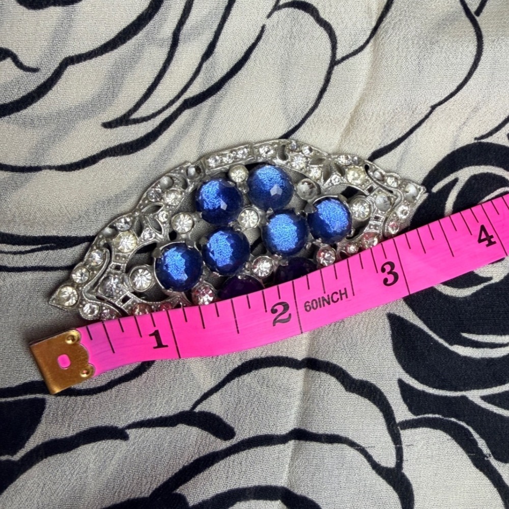 Vintage Art Deco Style Rhinestone and Cobalt Blue Brooch Silver Tone - Picture 4 of 5